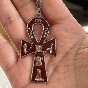 Egyptian revival enameled Ankh copper and silver pendant & chain